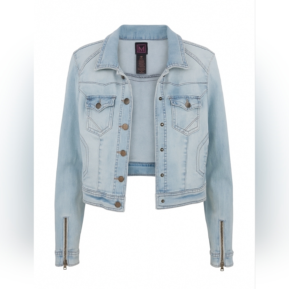 “Material Girl Light Wash Denim Jacket with Zipper Cuffs – Size L”